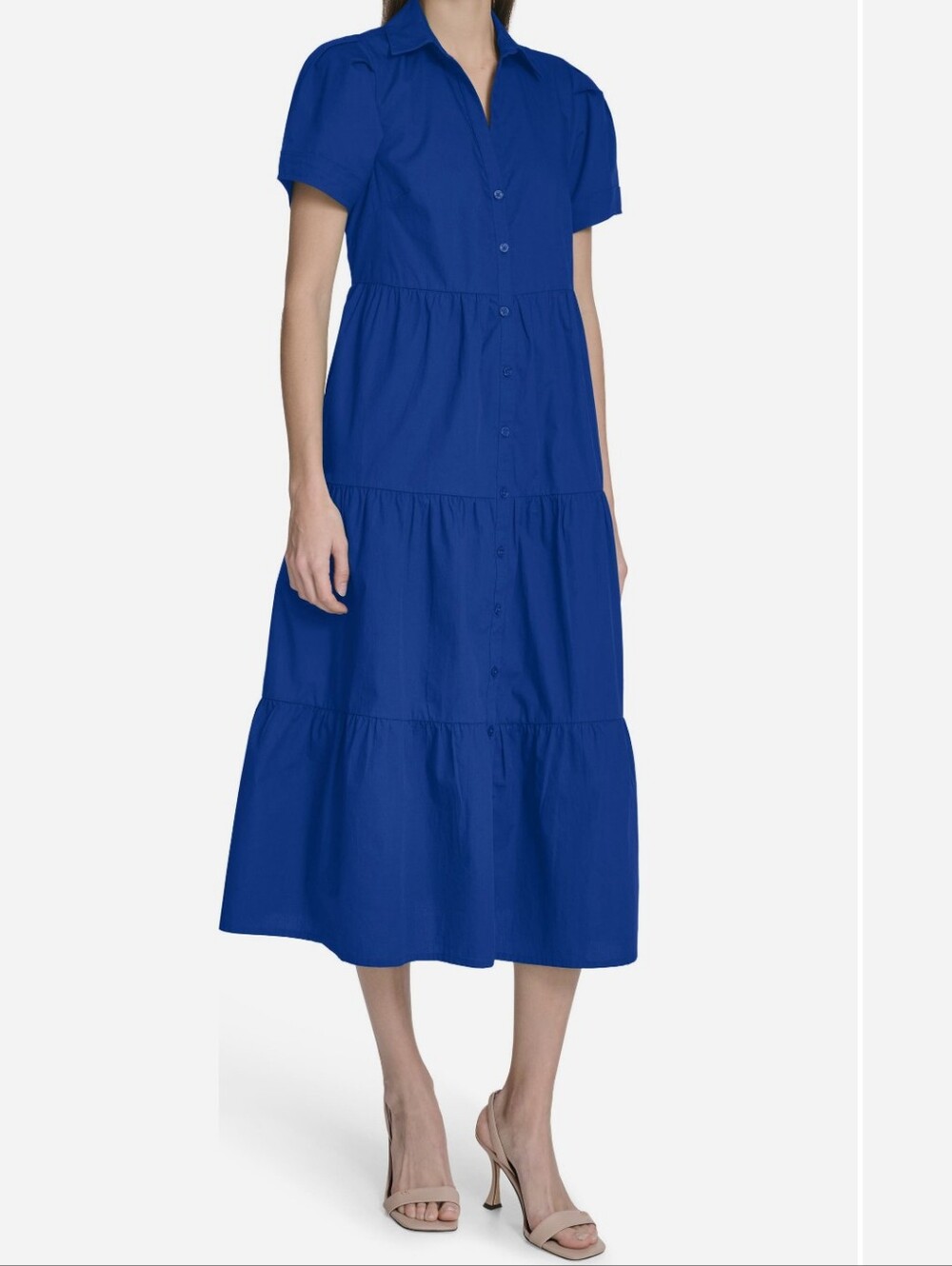 Calvin Klein Size 8 Blue Short Sleeve Cotton Tiered Maxi Dress Msrp $149